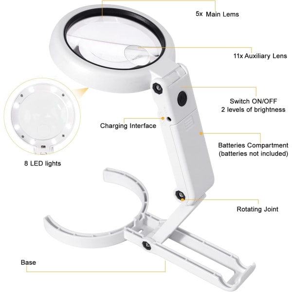 1 kpl 2-in-1 LED-valolla varustettu suurennuslasi, 5x/11x suurennos, 8