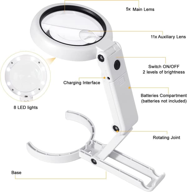 1 stk. 2 i 1 LED-belyst forstørrelsesglas, 5x/11x forstørrelse, 8