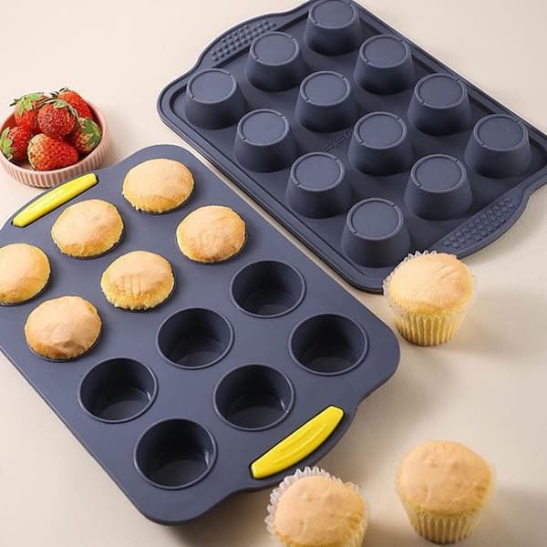 (Mørk grå) 12-kopps non-stick silikon bakepanne med håndtak - D