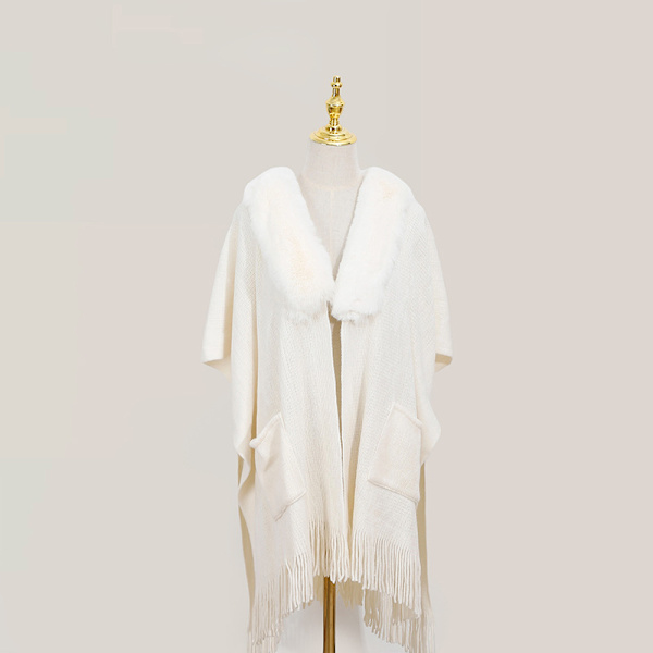 1 stk. Poncho Sjal (Hvid) Dame Vinter Elegant Sweater Cape Lommer Poncho Frynser Åben Varm Poncho Cape Varm Strikkede Ponchoer Sjal