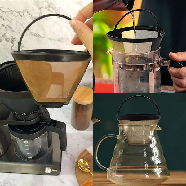 Sett med 3 kaffefiltre, gjenbrukbare permanente kaffefiltre, gullfarget rustfritt stål, konisk stil for tefiltrering