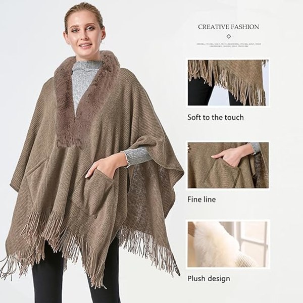 1 stk Poncho Sjal (Khaki) Dame Vinter Elegant Genser Cape Lommer Poncho Frynser Åpen Varm Poncho Cape Varm Strikket Ponchoer Sjal