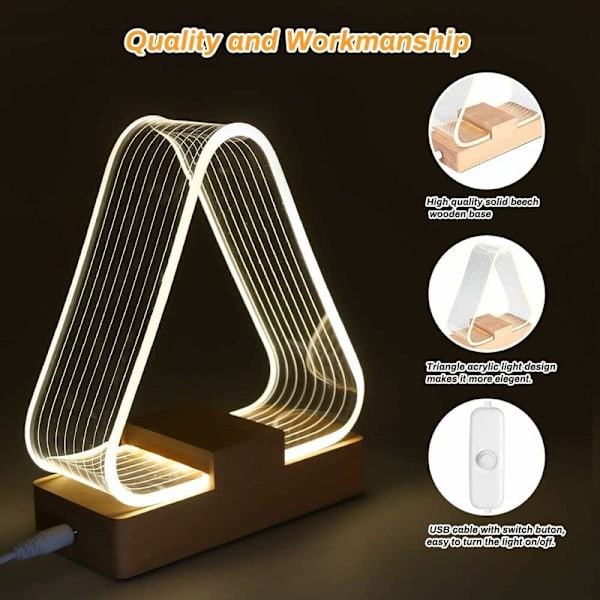 USB-senglampe trekant moderne solid trebordlampe LED-natt