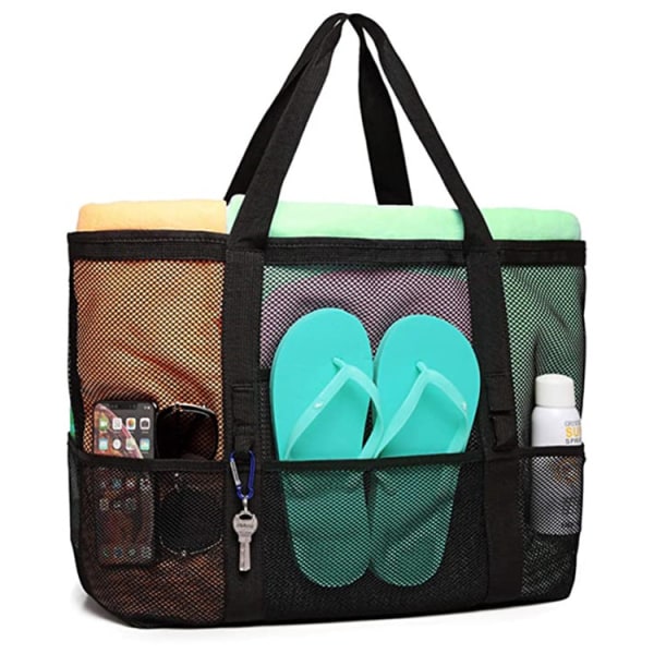 (42X38X20 cm, sort) Mesh Strandtaske Vandtæt og Sandproof Håndtaske Foldbar 9 Lommer