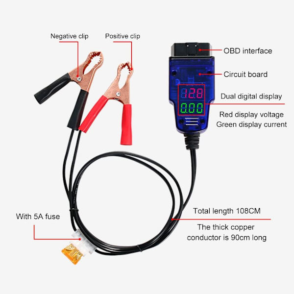 Bilbatteribyteverktyg, MoreChioce OBD till 12V bilströmsdator kabelminne digital display läckagedetekteringsverktyg med 2 krokodilklämmor