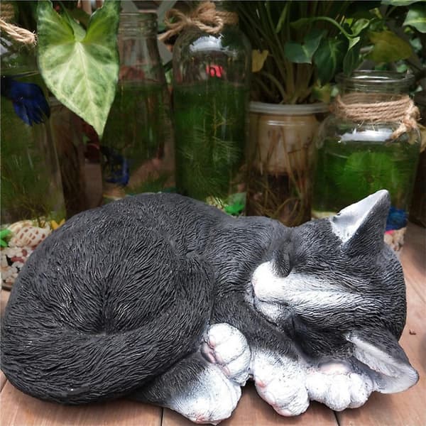 svart Trädgårdsstaty Katt Skulptur Realistisk Form Härligt Sovande