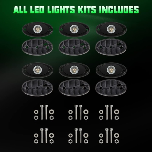 6 Pack Green LED Rock Light Kit with 6 Pods for Offroad Truck, Ca