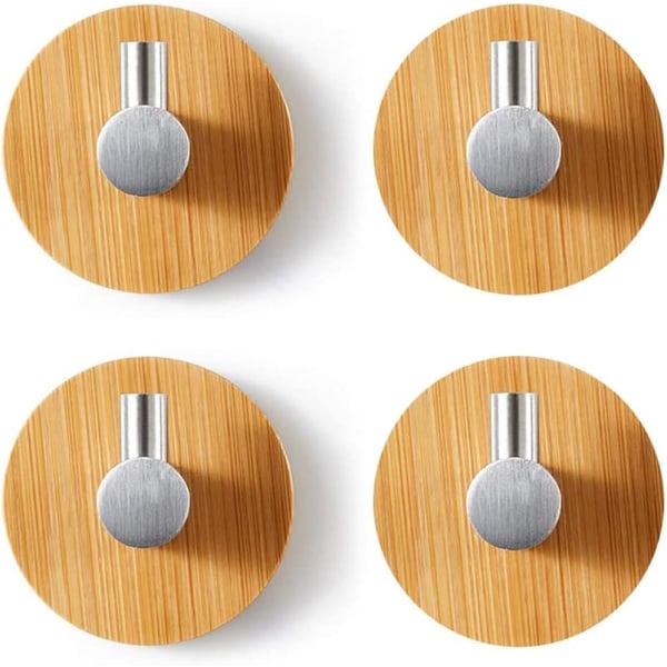 4 st bambu väggkrokar, bambu rostfritt stål krokar, bambu självhäftande krok, ingen borrning självhäftande handdukskrokar för badrum, toalett, kök (silver)