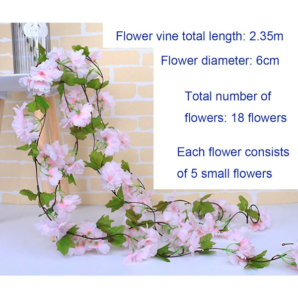 2 stk. Kunstige kirsebærranker Kunstige blomster Planteeføy Henge Silkegirlander med grønne blader for innendørs utendørs hjem Hotell Hagefest Bryllupskunstdekor (Rosa)