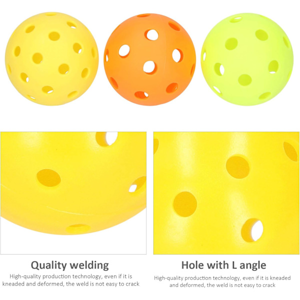 9-delad pickleball-set, (gul/orange/grön) inomhus/utomhus polyeten picklebollar med 72 mm 26 precisionsstansade hål för hållbarhet och konsekvent studs.
