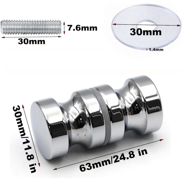 1 stk, 30 mm, aluminiumsdørhåndtak for bad, kromglass rundt dusjrom