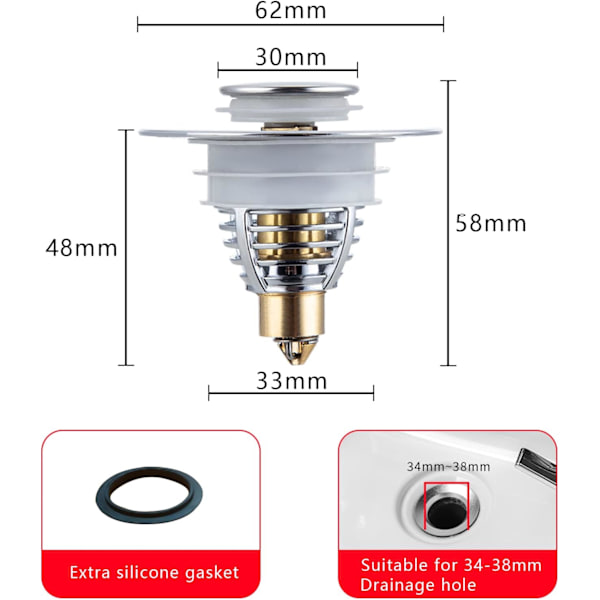 Rustfrit vaskprop Ø 34-38mm, universel anti-lugt vask