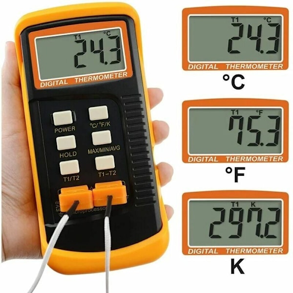 Typ K-termometer med 700°C termoelementsensor (°C, °F och K w