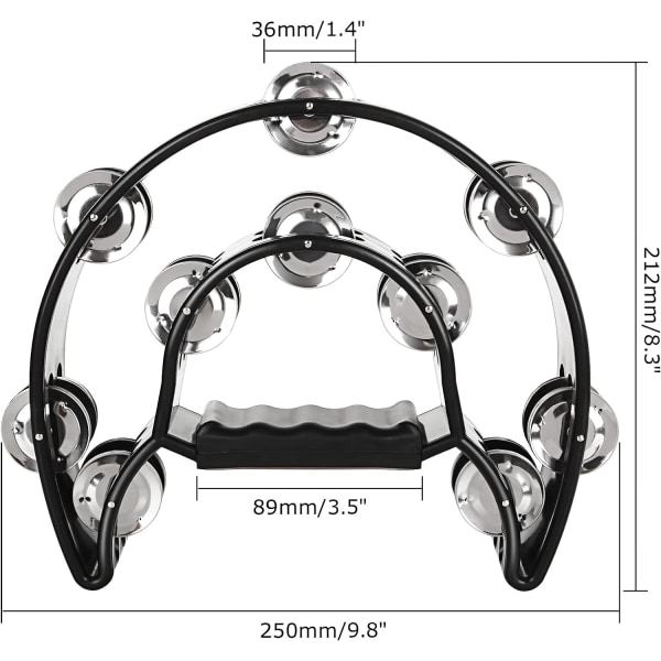 Sæt med 2 halv måne tamburiner, 25 cm voksen hånd tamburin med 40 metalbjælder - dobbelt række hånd tamburin til musikere, sangere, musikundervisning og bands sort - hvid