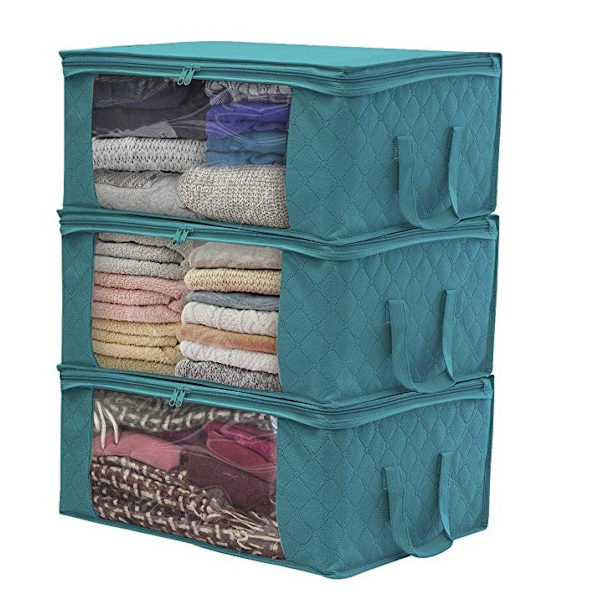 3 stk Blå Oppbevaringspose Sammenleggbar Klær Oppbevaringsboks Under Seng Klær 48 x 35 x 20 cm Grå Farge Oppbevaringsboks