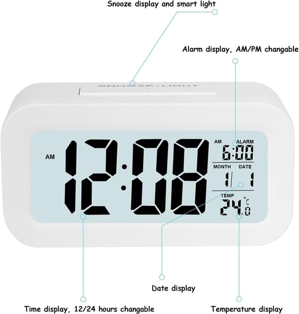 (Hvit) LCD Digital Alarm Clock, Smart Digital Alarm Clock med T