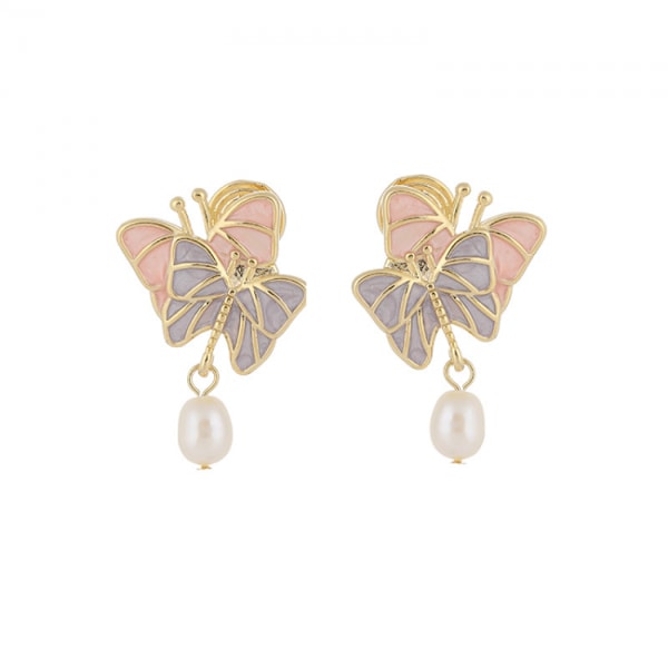 Gold Plated Butterfly Pearl Enamel Earrings for Women