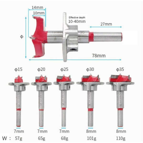 Träborr, 5-pack (Ø15-35 mm) Träförsänkning Formning Justerbar Markörbitset, Karbidhålsåg med djupstopp (Djupområde 10-40 mm)