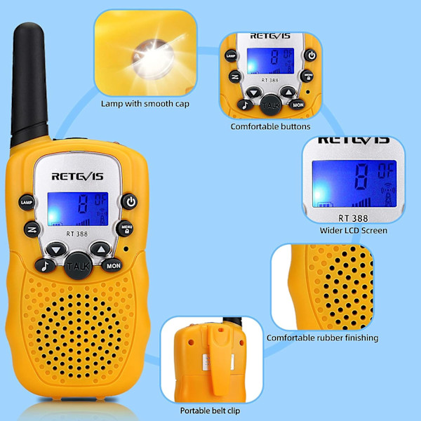 1 par RT388 Walkie Talkie for Kids, Remote Walkie Talkie, Leke Gaver til 4-12 år gamle, Camping, Utendørs Spion Eventyr Gul