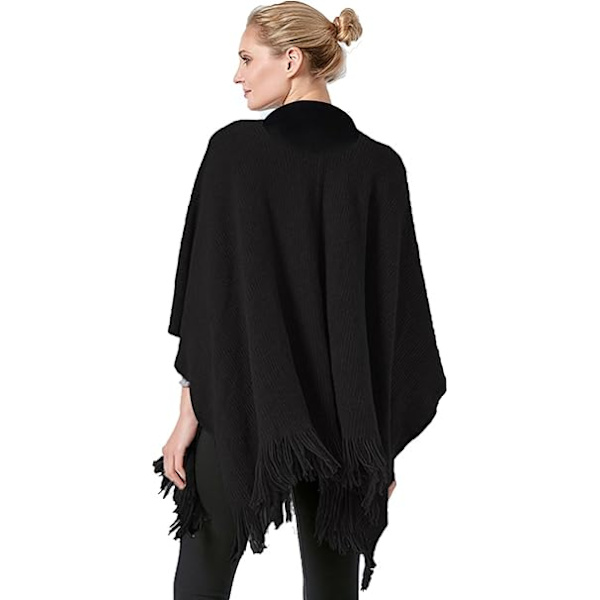 1 stk. Poncho Sjal (Sort) Dame Vinter Elegant Sweater Cape Lommer Poncho Frynser Åben Varm Poncho Cape Varm Strikkede Ponchoer Sjal