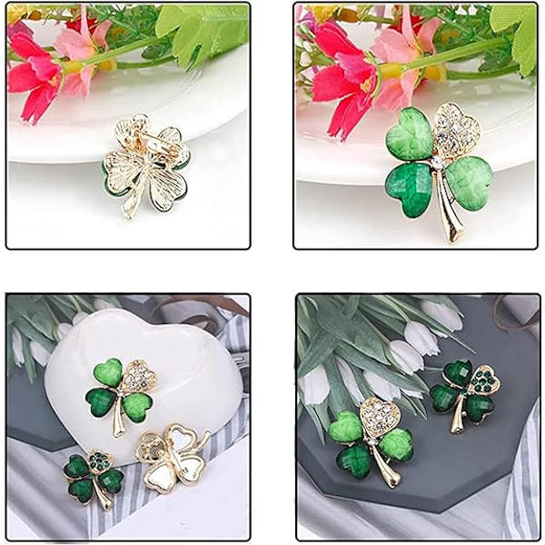 4 stk. Firkløver Brosje Pin Grønn Rhinestone Brosje Legering C
