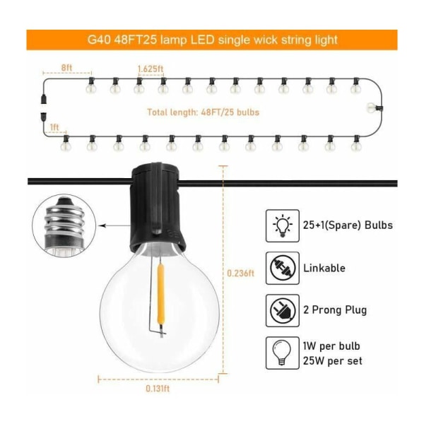 15M Outdoor LED String Lights with 25 E27 G40 Bulbs Plastic IP44