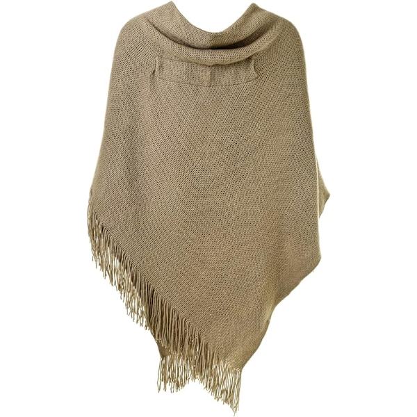 Elegant varm dam poncho sjal (Khaki) öppen fram med fransar