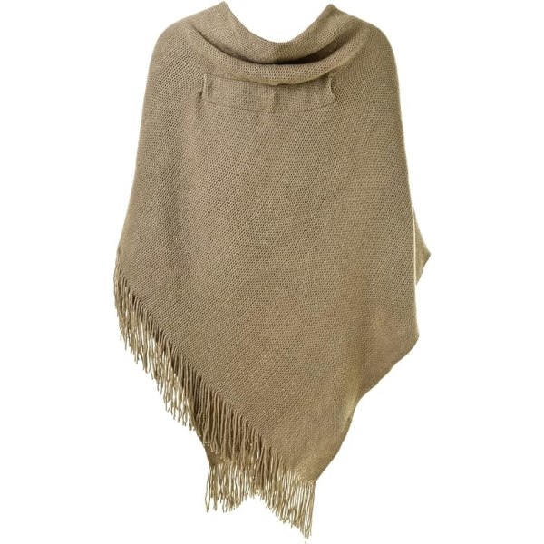 Elegant Varmt Dame Sjal Poncho (Khaki) Åben Front med Frynser