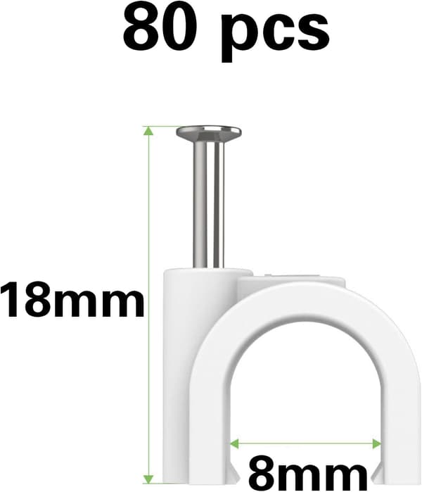 Kabelklämmor, 100 st, vita (8 mm), väggfästen, kabelbindare, med stålstift för kabelmontering