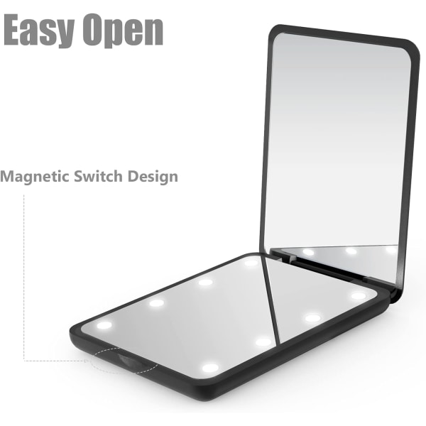 (svart) Kompakt speil, forstørrende med lys, 1x/3x 2-sidig Magne