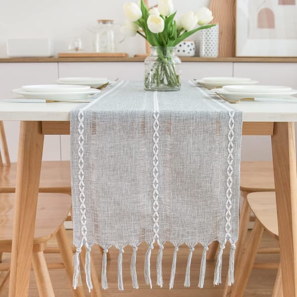 Landlig stil bordløber 32 x 200 cm, lysegrå, boho-stil