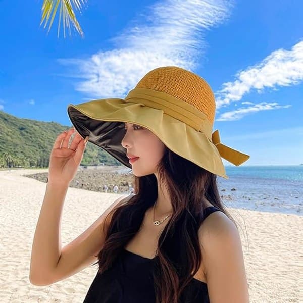 Bred solskyddad Cut Out Bow halm fiskehatt Splicing Bucket Hat Wome