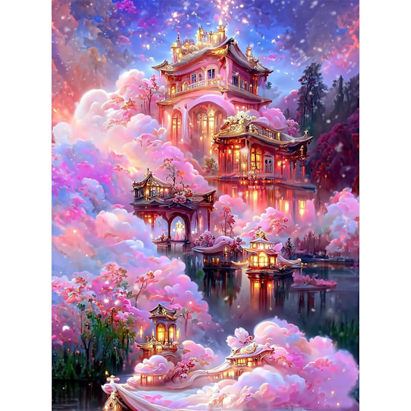 Pink Castles 30x40cm Timanttimaalaus Aikuisille, Cottage Full Timanttimaalaus 5D Fancy Timanttipakkaus Lapsille, Timanttistrassit Ristipisto Kristallimaalaus Seinäkoristeluun