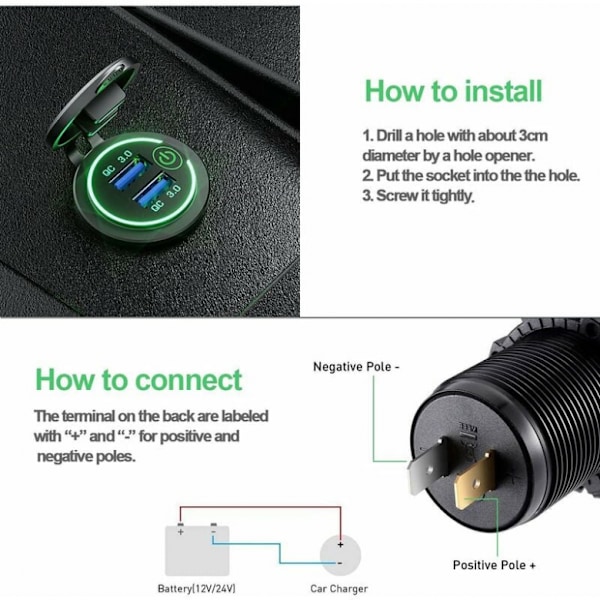 3.0 kaksinkertainen USB-laturipistorasia, 12V/24V vedenpitävä USB-pistorasia T:llä