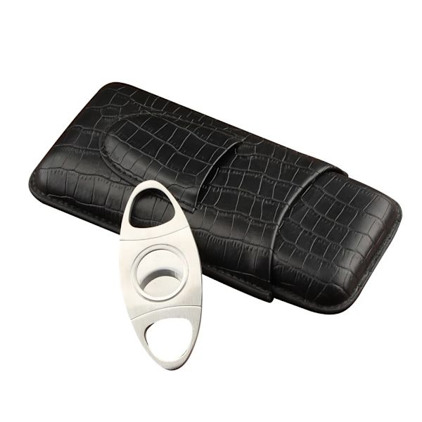 Läder cigarrfodral rese cigarr humidor för 3 cigarrer med cigarrklippare