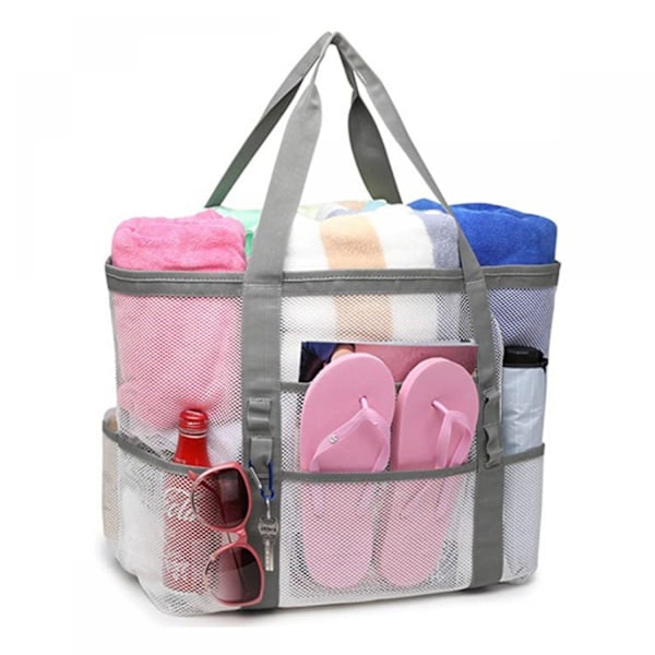 (42X38X20 cm, Grå) Mesh Strandveske Vanntett og Sandtett Håndveske Foldbar 9 Lommer