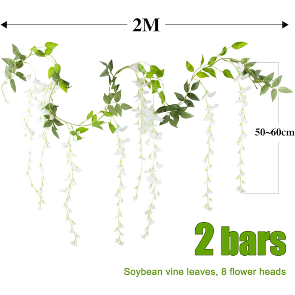2 stk * 2 m kunstige planter utendørs Wisteria girlander hengende hvit