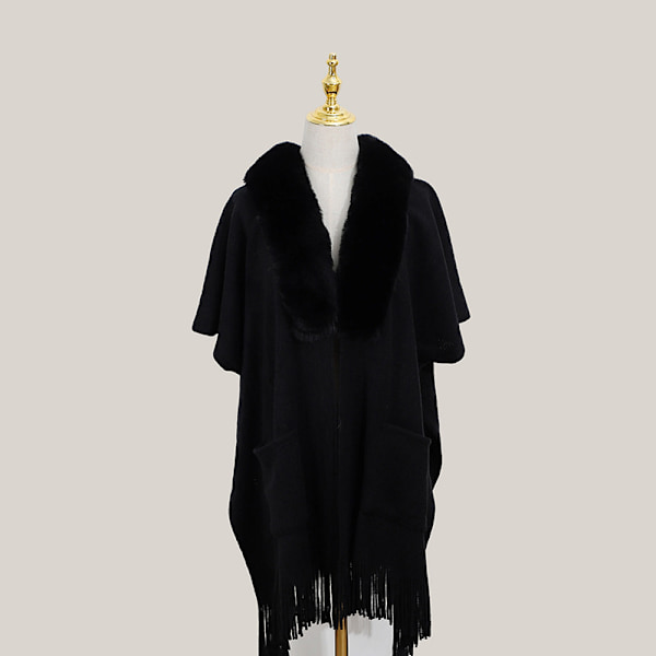 1 stk. Poncho Sjal (Sort) Dame Vinter Elegant Sweater Cape Lommer Poncho Frynser Åben Varm Poncho Cape Varm Strikkede Ponchoer Sjal
