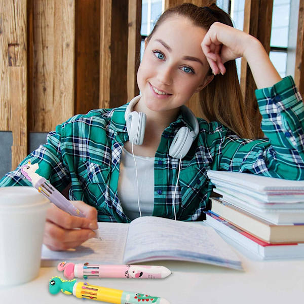 12 stk 10 i 1 flerfarget retrattil rullepenn, 10 farger kulepenn tegneserie kanin dinosaur flamingo enhjørning for kontor skoleutstyr studenter barnas gave