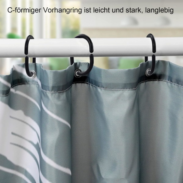 12 stk sorte dusjgardinringer i plast, C-formede gardinkroker f