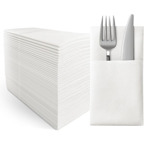 Valkoinen - Kertakäyttöinen lautasliina 50 kpl, pellava tuntuinen, ruokailuvälinepussilla