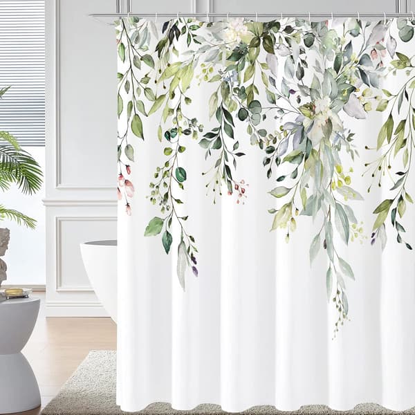 Grön Eucalyptus Duschdraperi, Akvarell Växtblad och Flor
