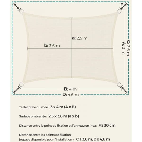 3 x 4 m skygge seil, solbeskyttelse stoff, pustende, vanntett