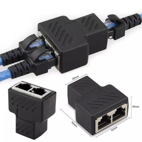 Sort RJ45 Splitter Adapter 1 til 2 Port Hun til Hun Internet