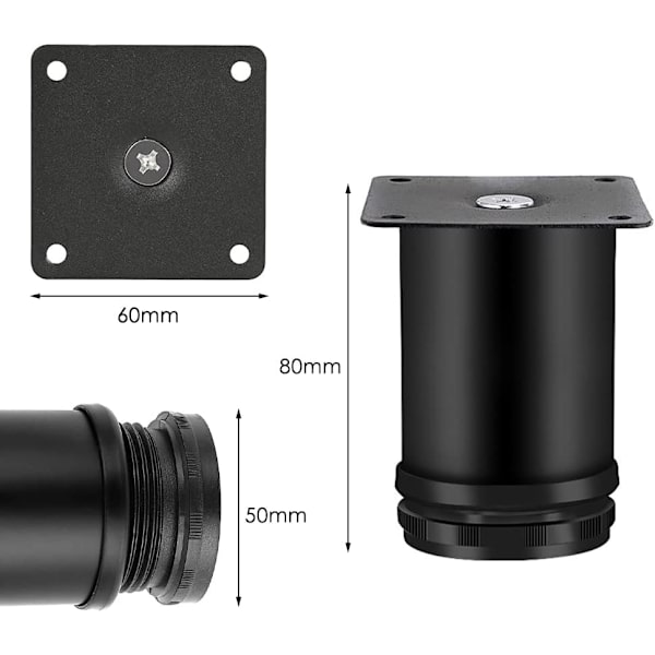 4 justerbare møbelben, runde møbelben i metal, rustfrit stål, sofa ben bordfødder, højdejusterbar 0-15MM, 50*80mm sort