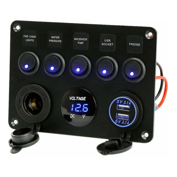 5-pakks vippebryter, dobbel USB-kontakt 12V lader strømuttak LE