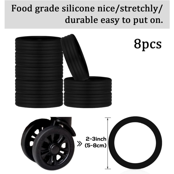 8 stk. bagage og rejsetilbehør (sort), silikone farverige bærbare bagagehjulbeskyttere til de fleste 8-hjulede bagage