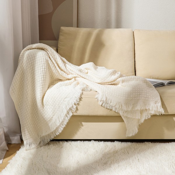 Dekorativ stickad filt (127 x 152 cm, Off White), mjuk, varm, mysig, lätt för hem, soffa, stol, säng - för vår, sommar, höst 152