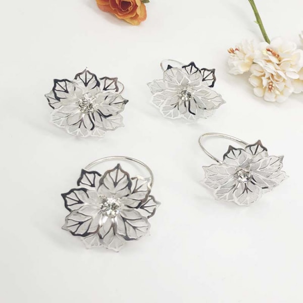 12 st (blomma-silver) servettringar och hållare, metallservettring servett spänne hållare för bordsdekoration