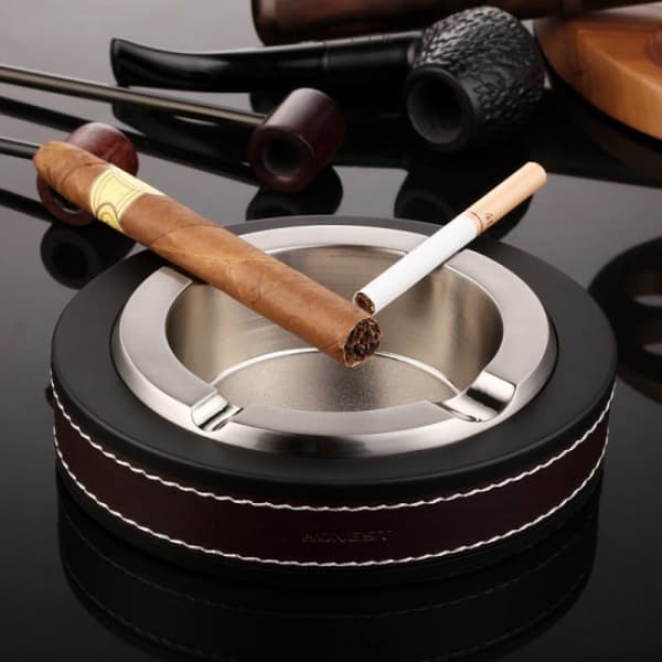 Brun og sort læder askebæger ægte autentisk cigar metal crea
